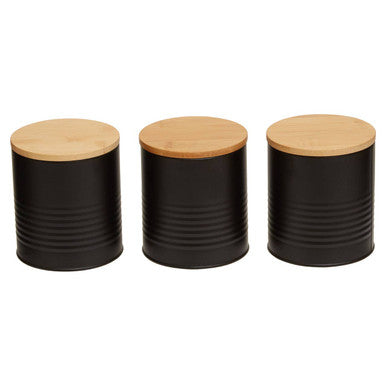 Set of Three Black Canisters with Bamboo Lids