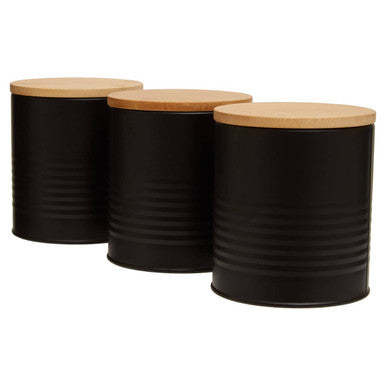 Set of Three Black Canisters with Bamboo Lids