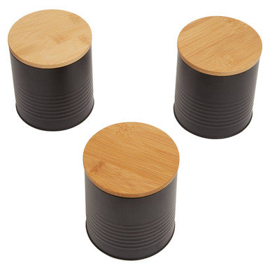Set of Three Black Canisters with Bamboo Lids