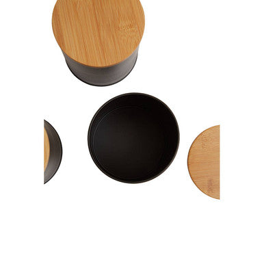 Set of Three Black Canisters with Bamboo Lids