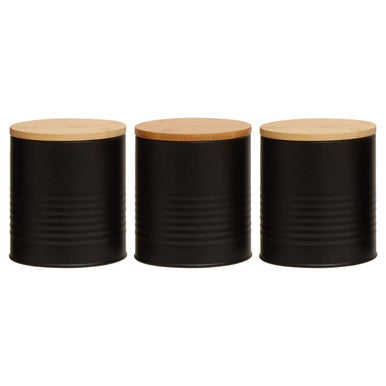 Set of Three Black Canisters with Bamboo Lids