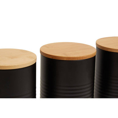 Set of Three Black Canisters with Bamboo Lids