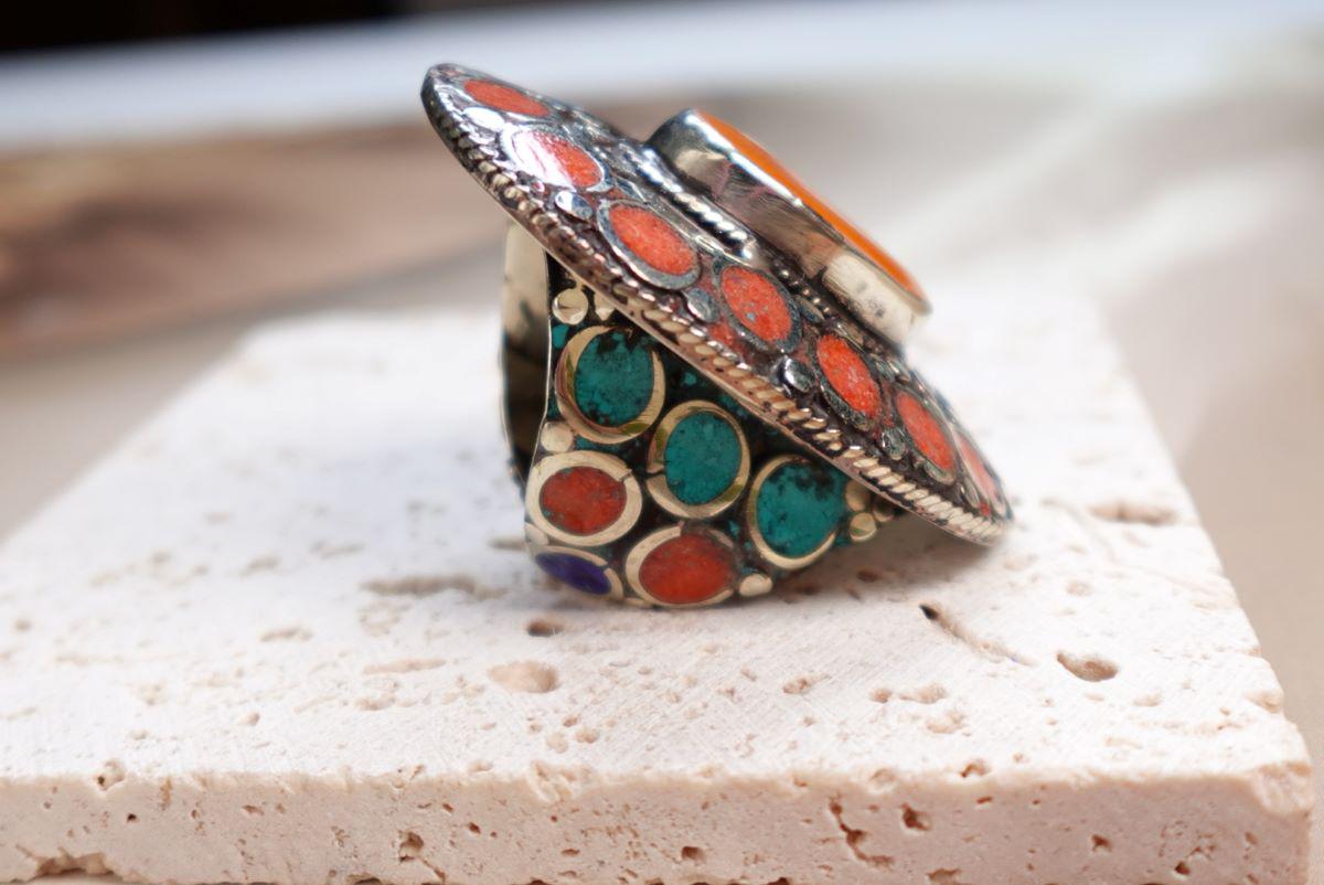 Large Adjustable Tibetan Silver Ring with Turquoise and Coral Inlay
