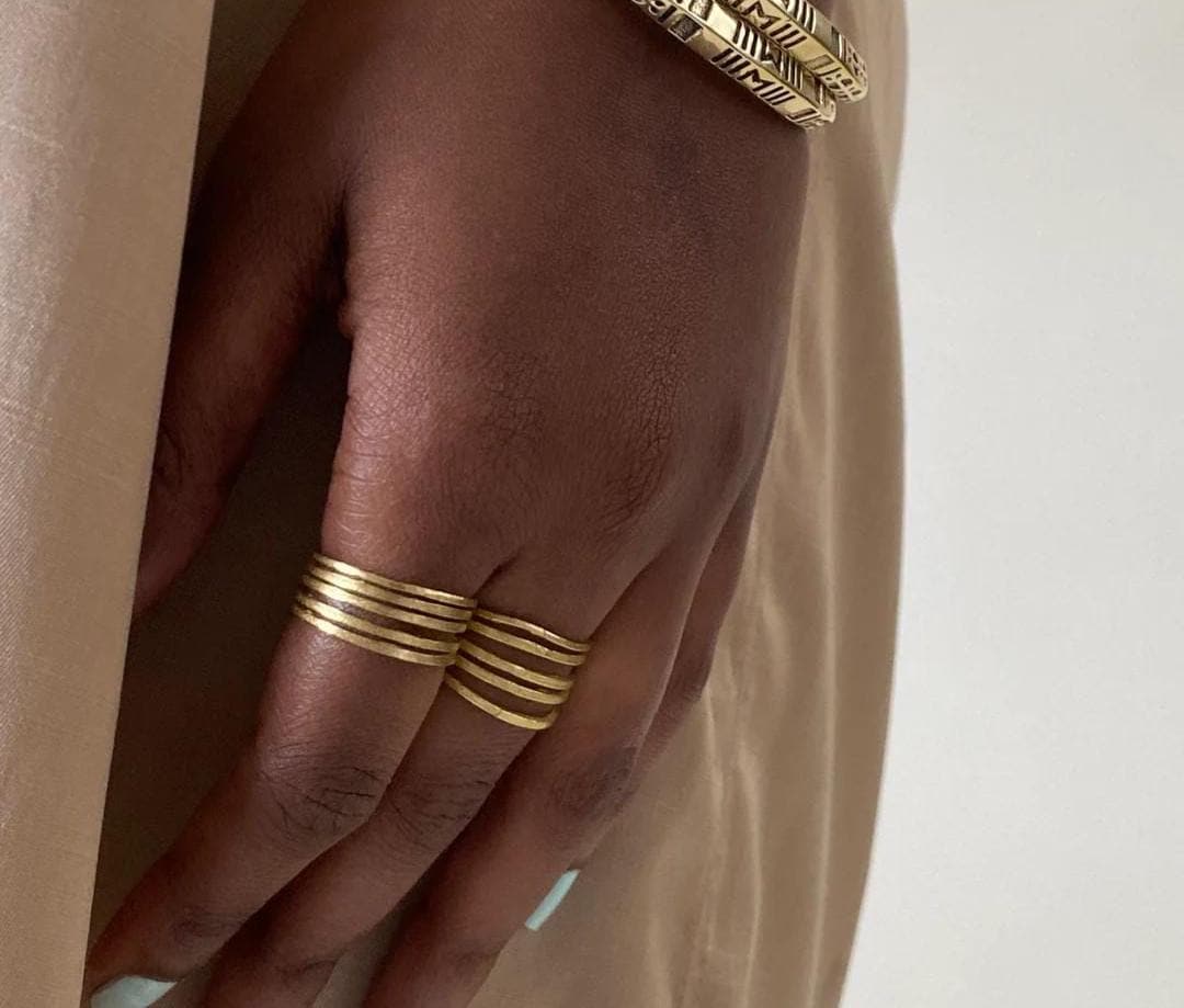 Textured Brass Wrap Ring Duo Gold Silver Adjustable Boho Statement Rings