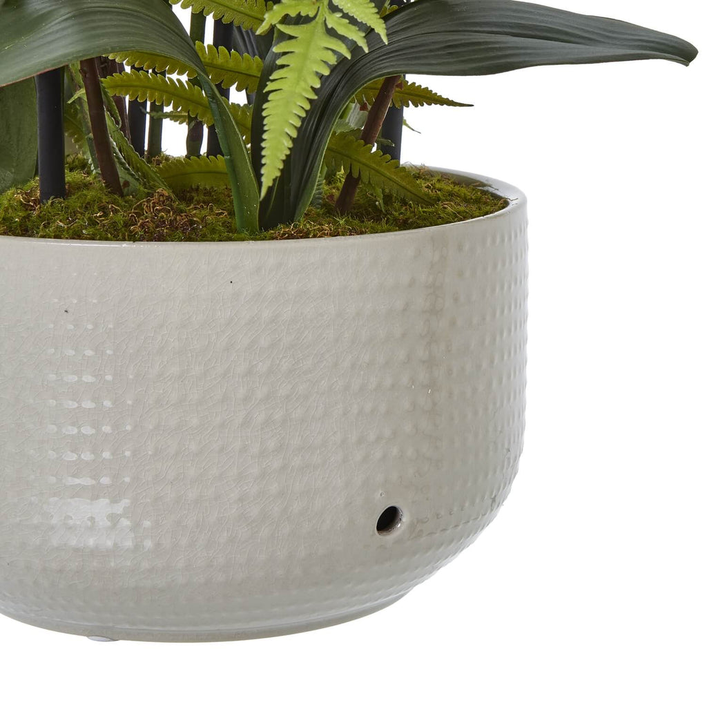 Large white faux orchid in ceramic pot with realistic phalaenopsis blooms and green foliage, perfect for home decor by Sostter at brixbailey.com