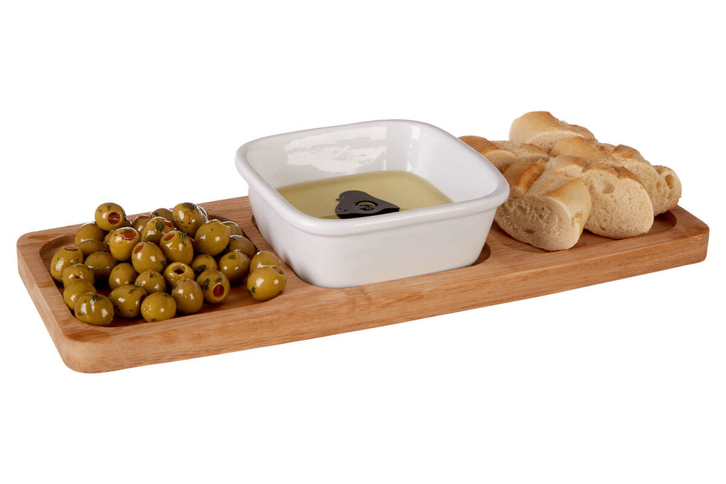 Bamboo Snack Tray with White Dipping Bowl
