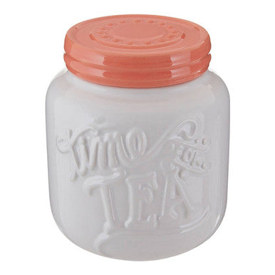 White and Coral Tea Canister with Embossed Lettering