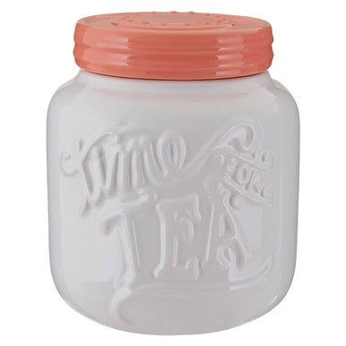 White and Coral Tea Canister with Embossed Lettering