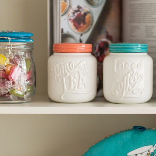 White and Coral Tea Canister with Embossed Lettering