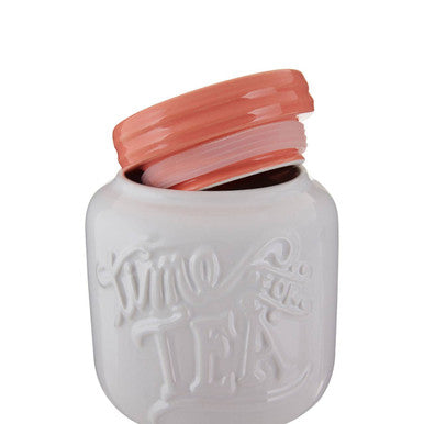 White and Coral Tea Canister with Embossed Lettering