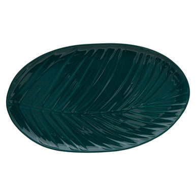 Dark Green Serving Plate with Palm Leaf Relief