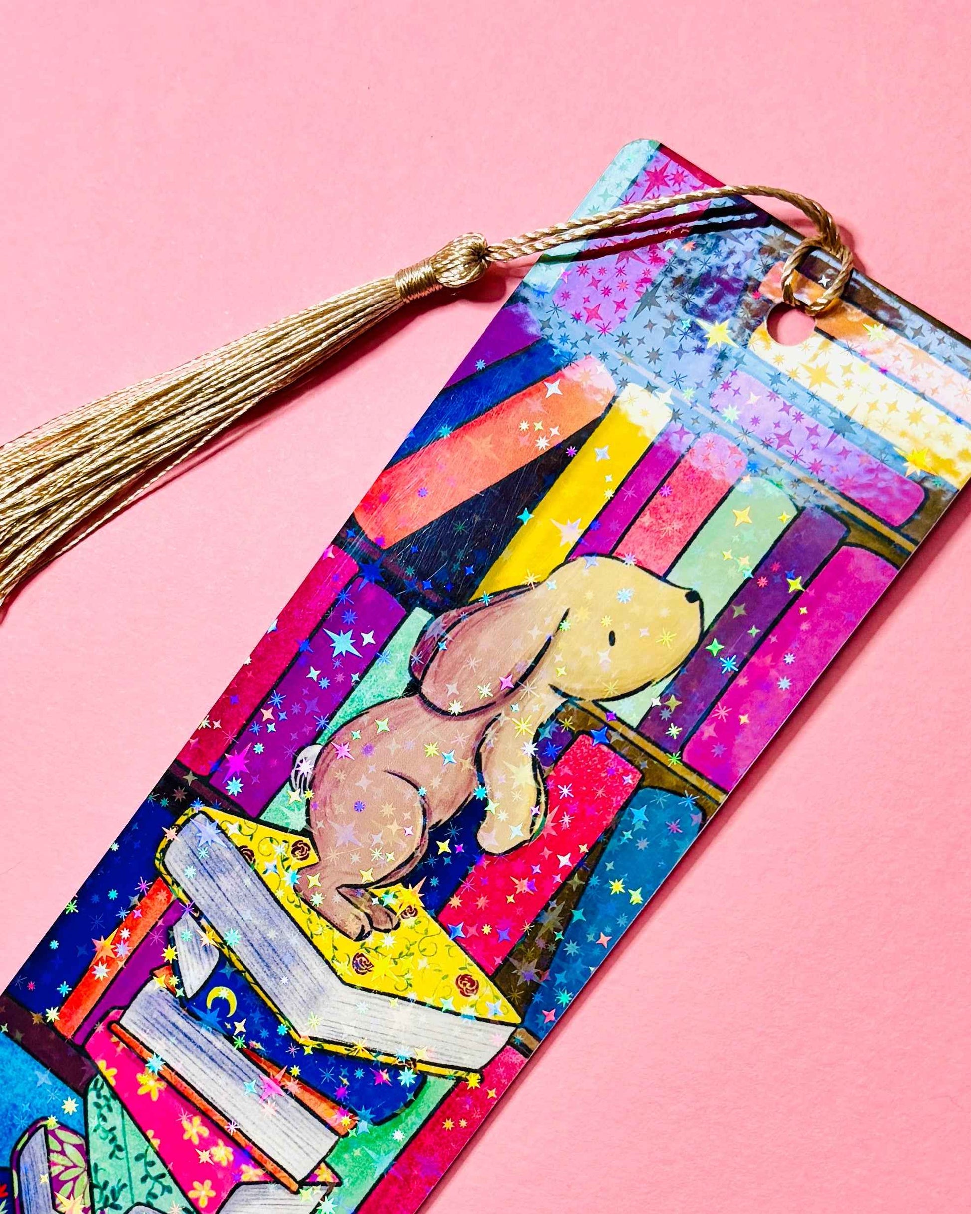 Rainbow Holographic Bookmark with Bunny Illustration