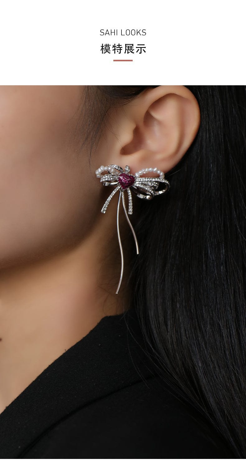 Love Heart Enamel Bow Stud Drop Earrings in Silver and Violet