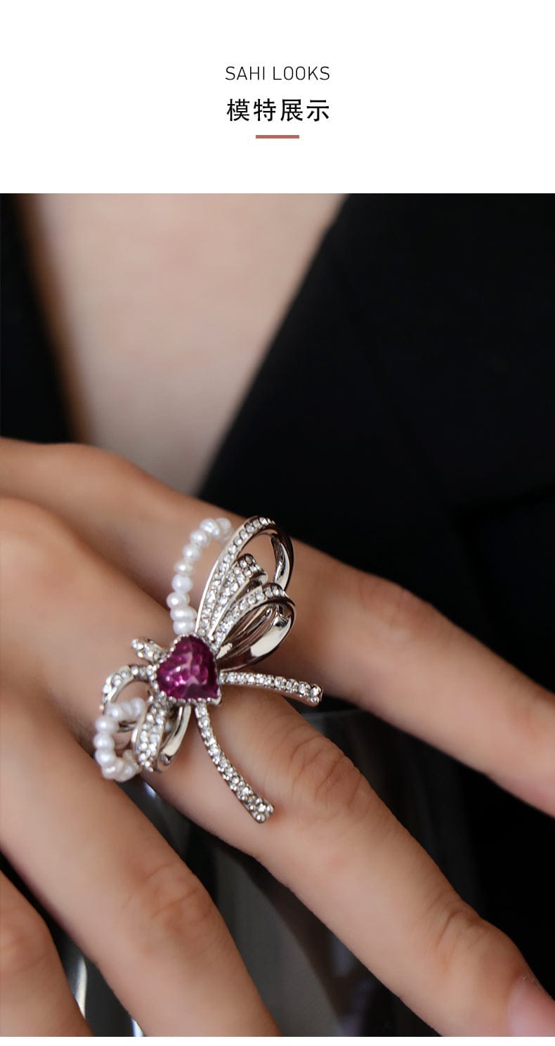 Love Heart Enamel Bow Adjustable Ring