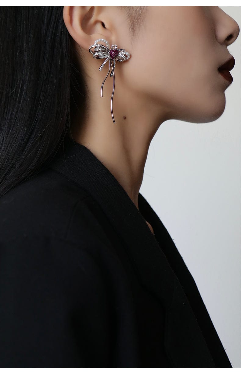 Love Heart Enamel Bow Stud Drop Earrings in Silver and Violet