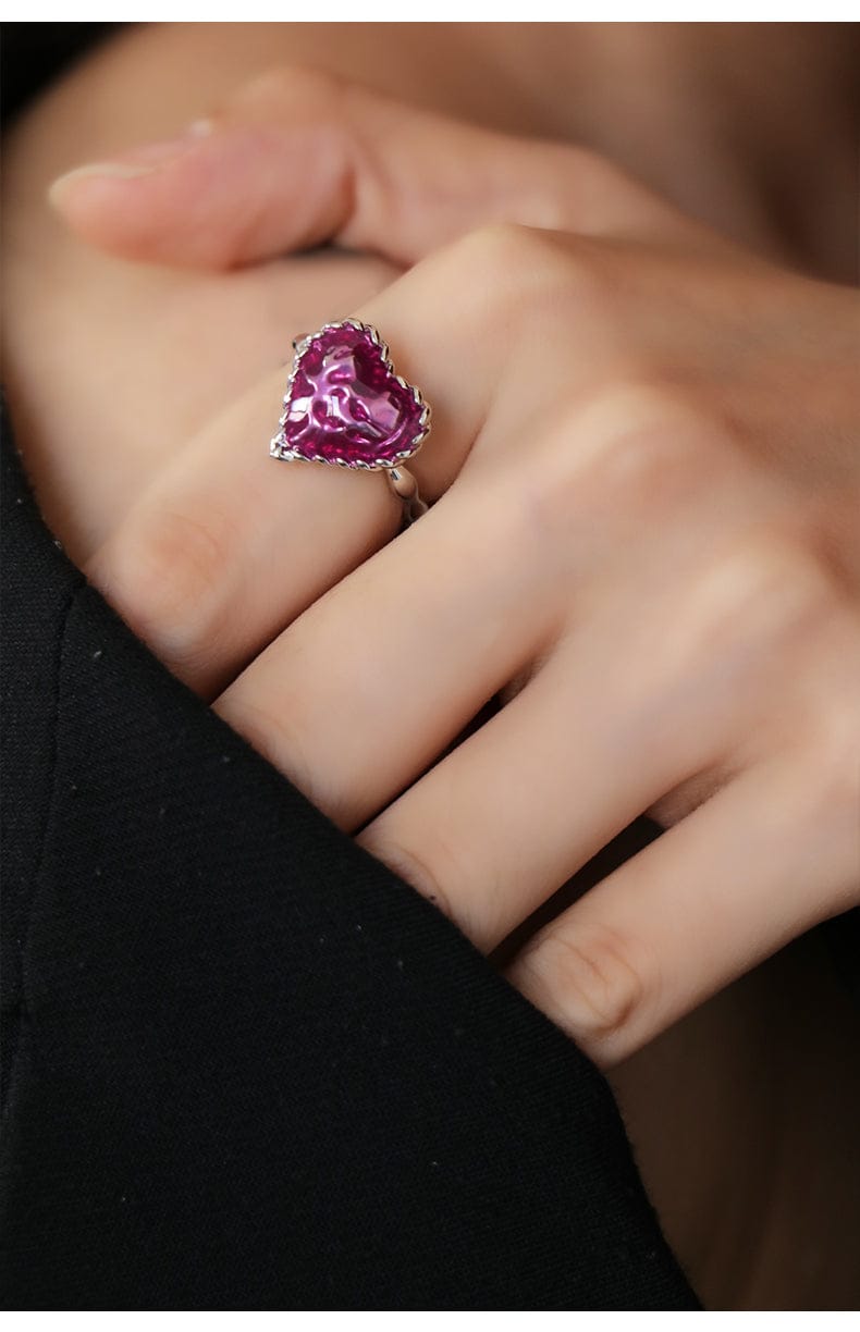 Love Heart Enamel Adjustable Ring in Silver and Violet