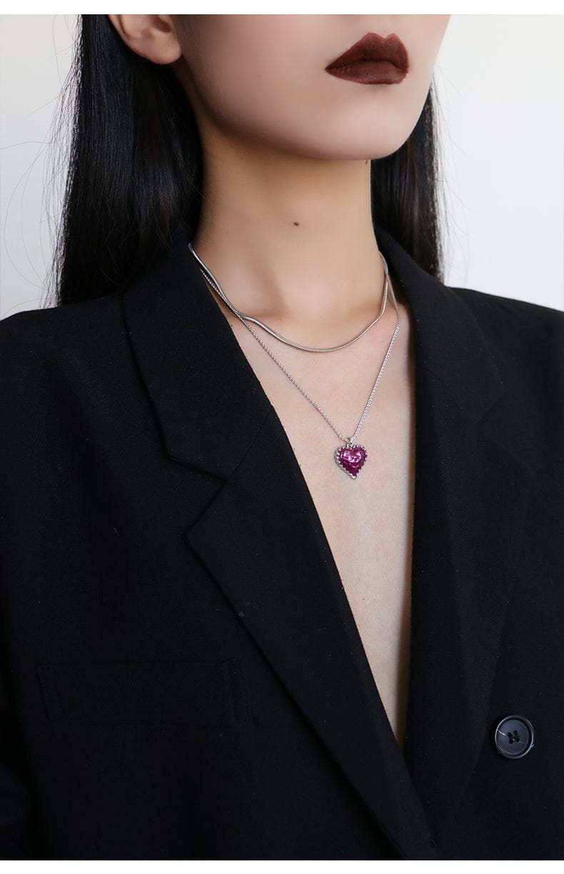 Love Heart Enamel Collar Pendant Necklace in Silver and Violet