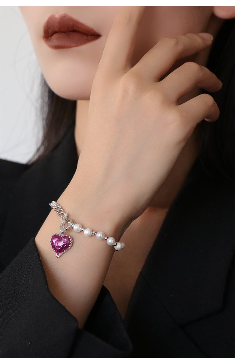Heart Enameled Pearl Chain and Link Bracelet in Silver and Violet