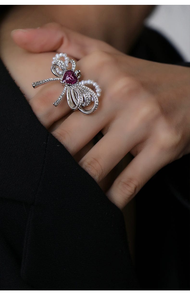 Love Heart Enamel Bow Adjustable Ring