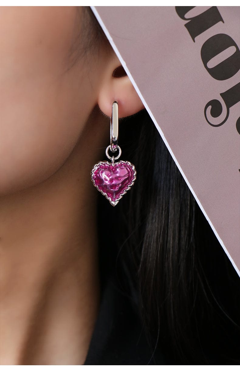 Love Heart Enameled Drop Dangling Earring in Silver and Violet