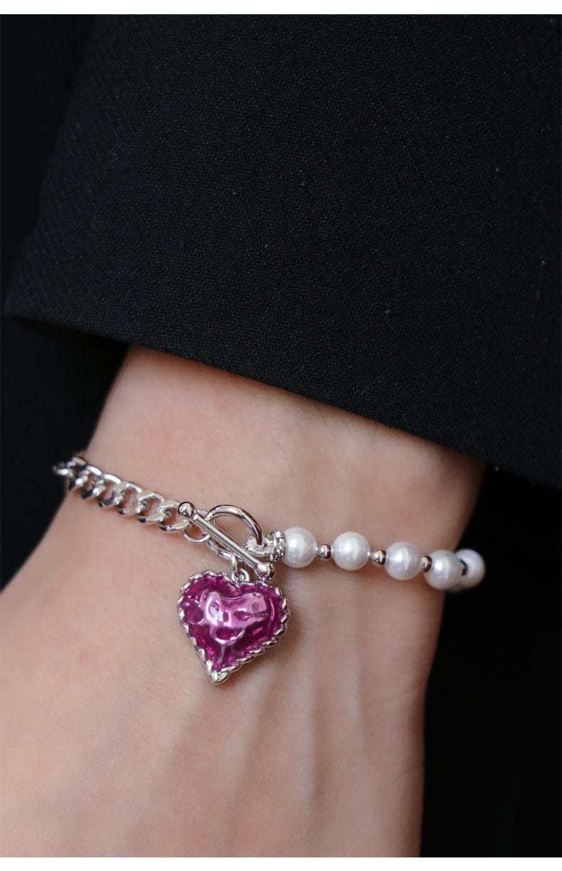 Heart Enameled Pearl Chain and Link Bracelet in Silver and Violet