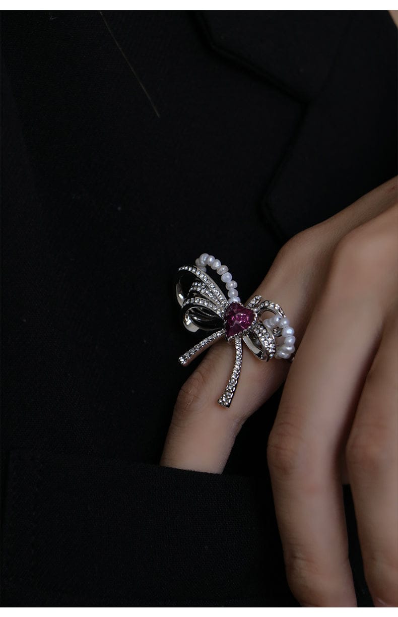 Love Heart Enamel Bow Adjustable Ring
