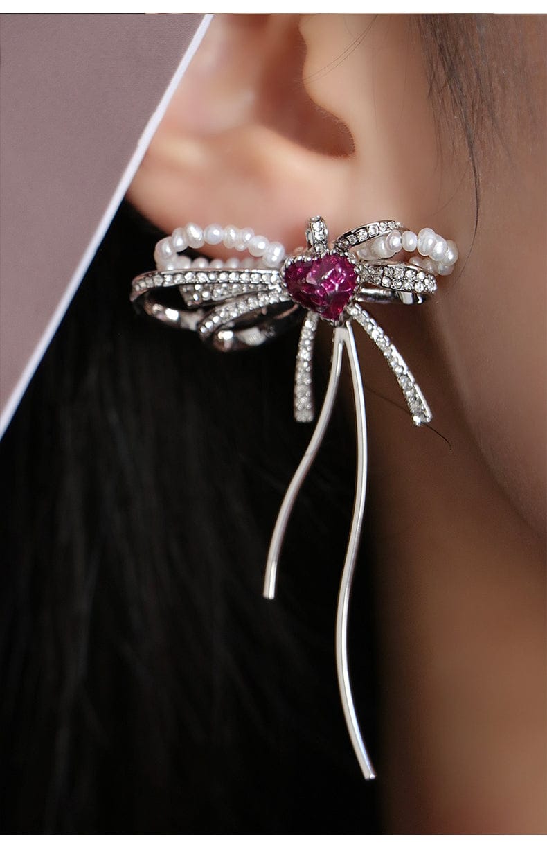 Love Heart Enamel Bow Stud Drop Earrings in Silver and Violet