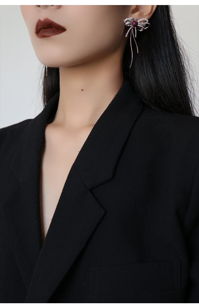 Love Heart Enamel Bow Stud Drop Earrings in Silver and Violet