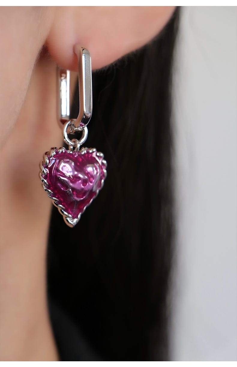 Love Heart Enameled Drop Dangling Earring in Silver and Violet