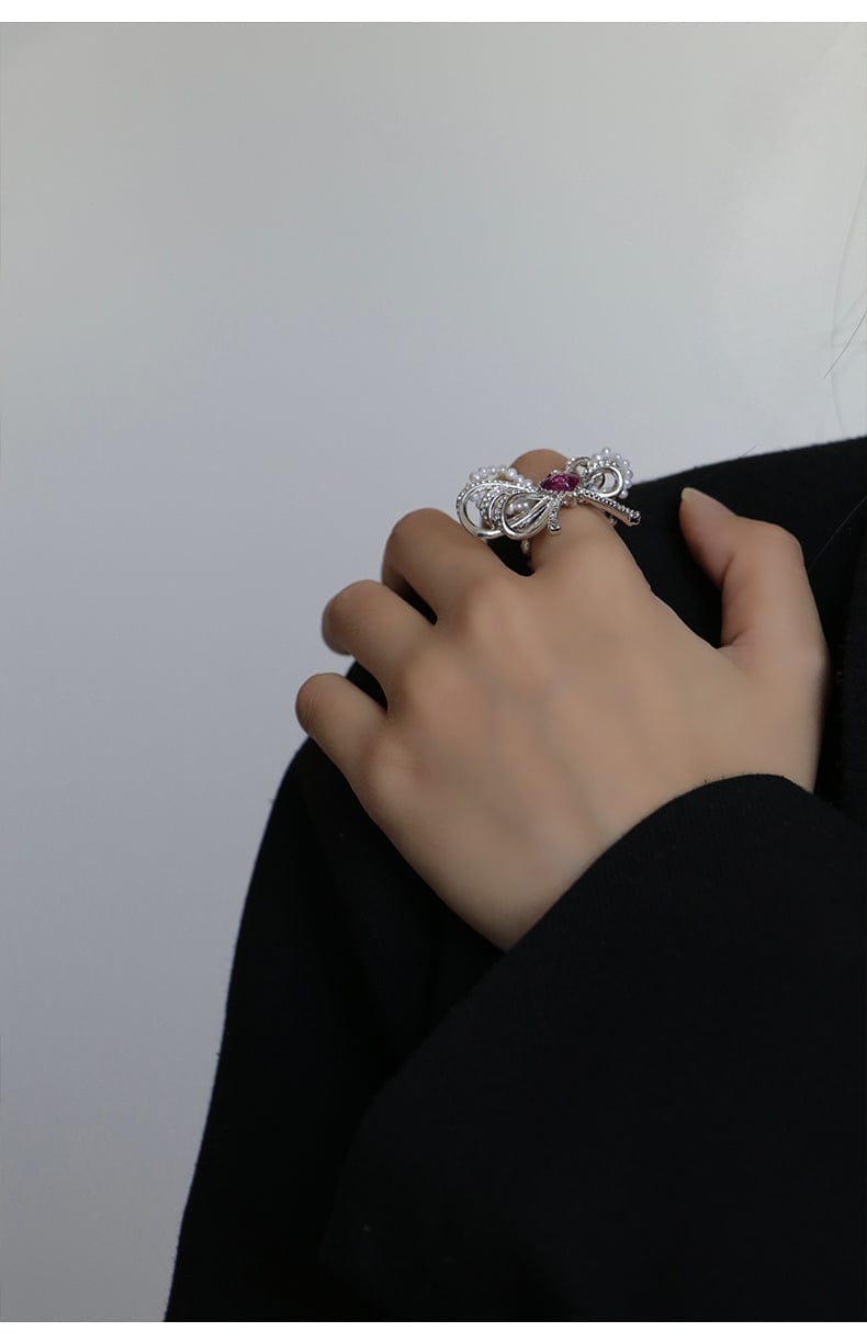 Love Heart Enamel Bow Adjustable Ring