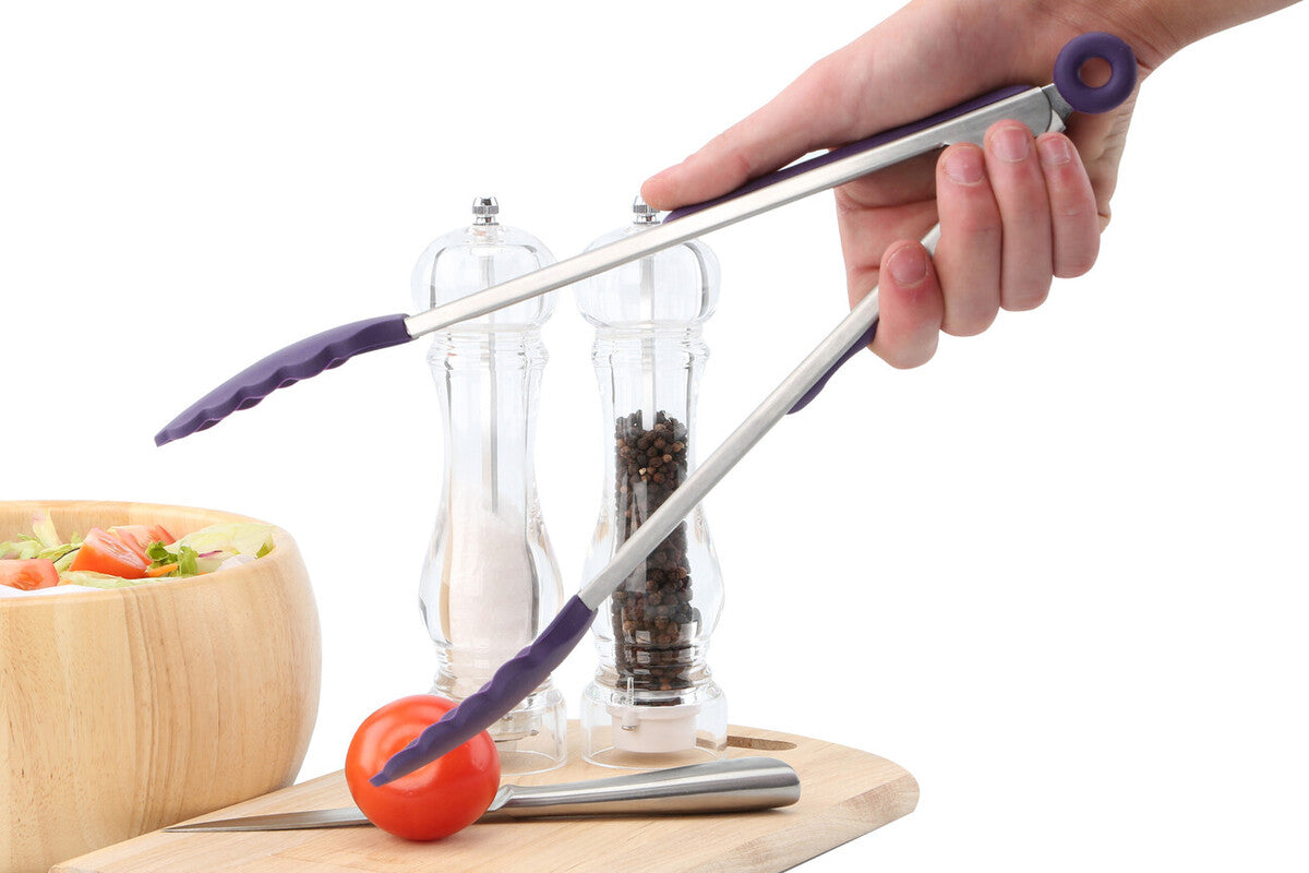 Stainless Steel and Purple Silicone Tongs