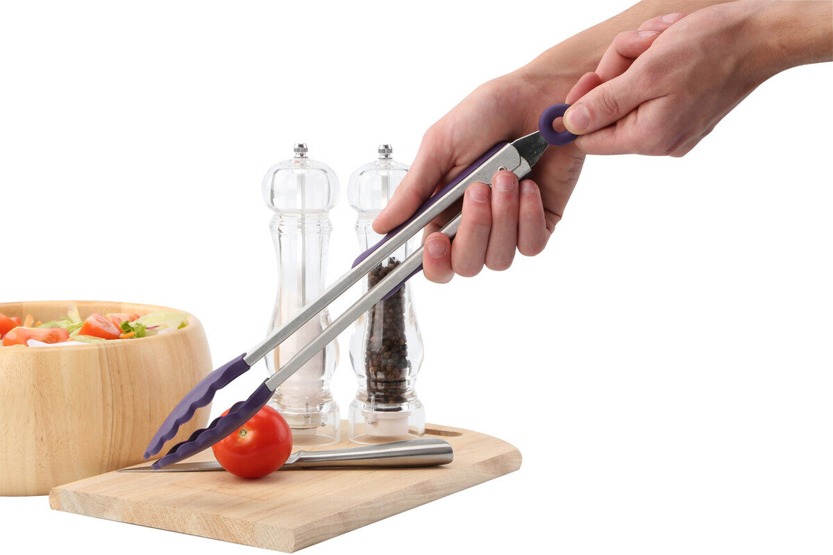 Stainless Steel and Purple Silicone Tongs