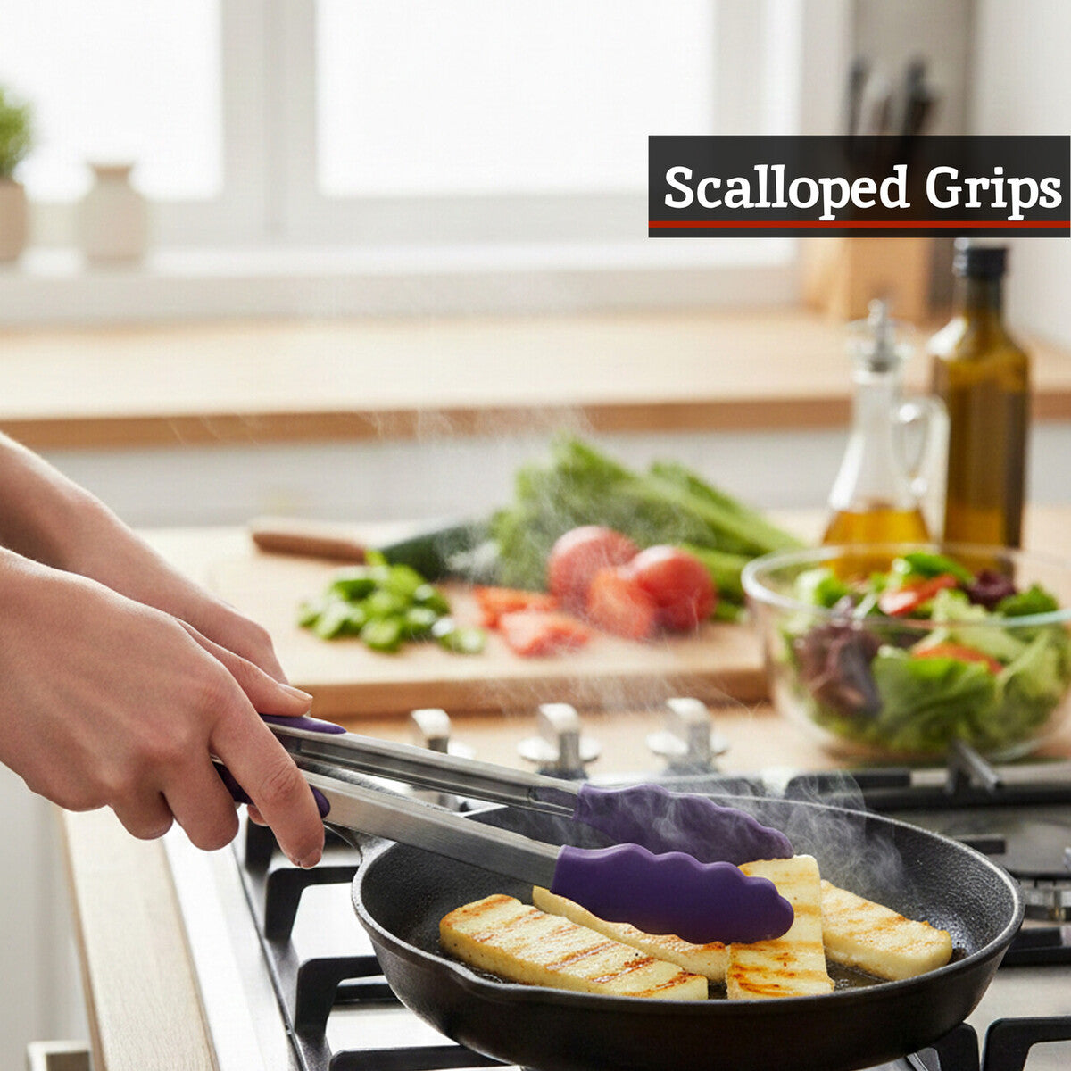 Stainless Steel and Purple Silicone Tongs