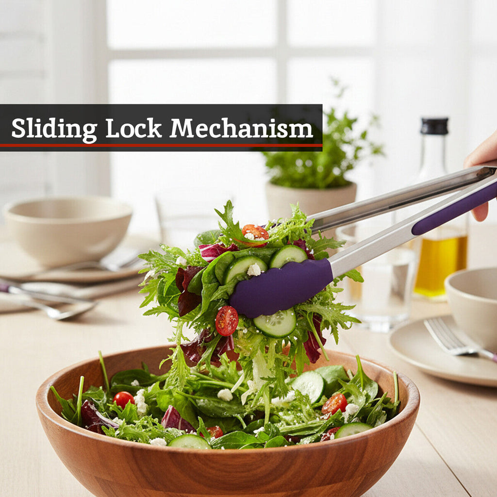 Stainless Steel and Purple Silicone Tongs