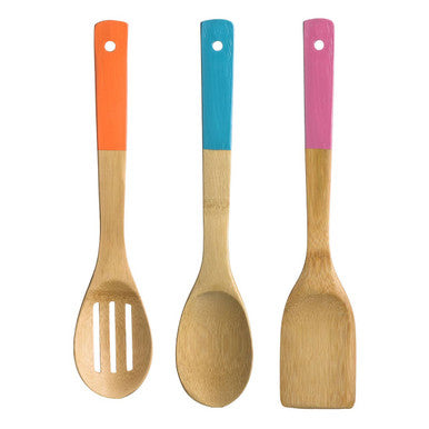 Bamboo Kitchen Utensil Set with Coloured Handles, 3 Piece