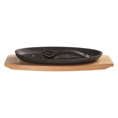 Large Cast Iron Sizzler Dish with Wooden Serving Tray