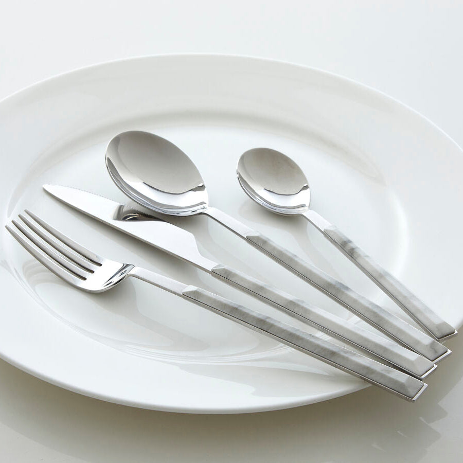 16 Piece White Faux Marble Cutlery Set