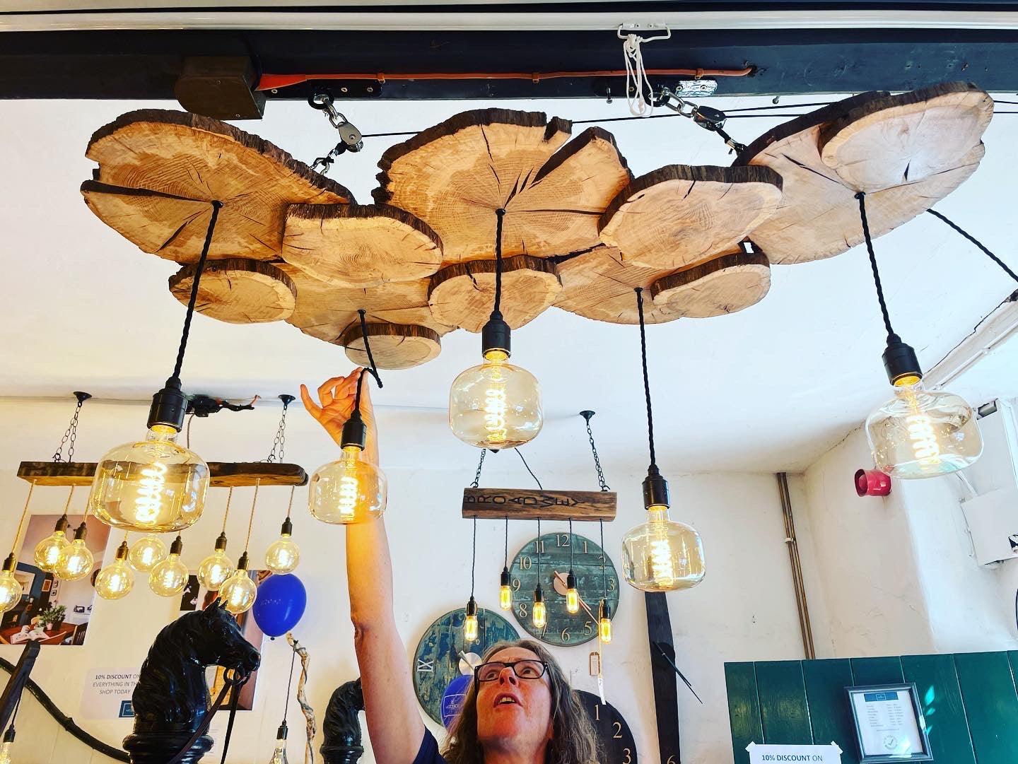 Oak Log Slice Chandelier with Five Bulb Holders