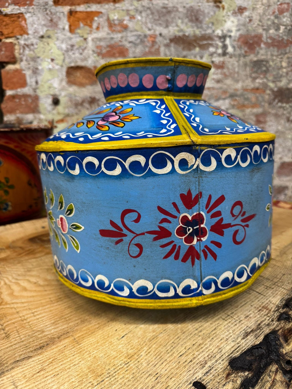 Vintage Painted Metal Water Pot and Planter