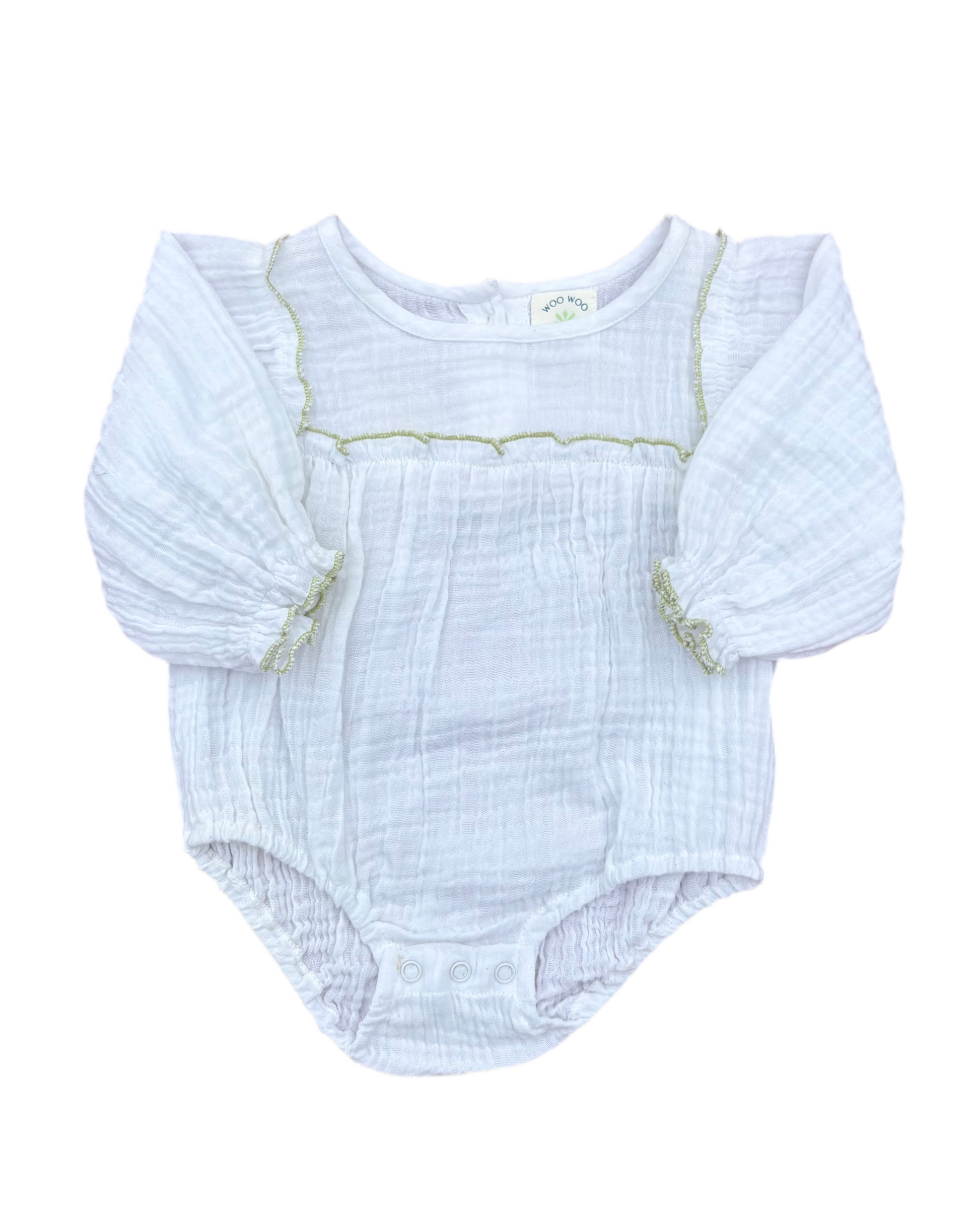 Organic Cotton Muslin Green Ruffle Romper for Baby
