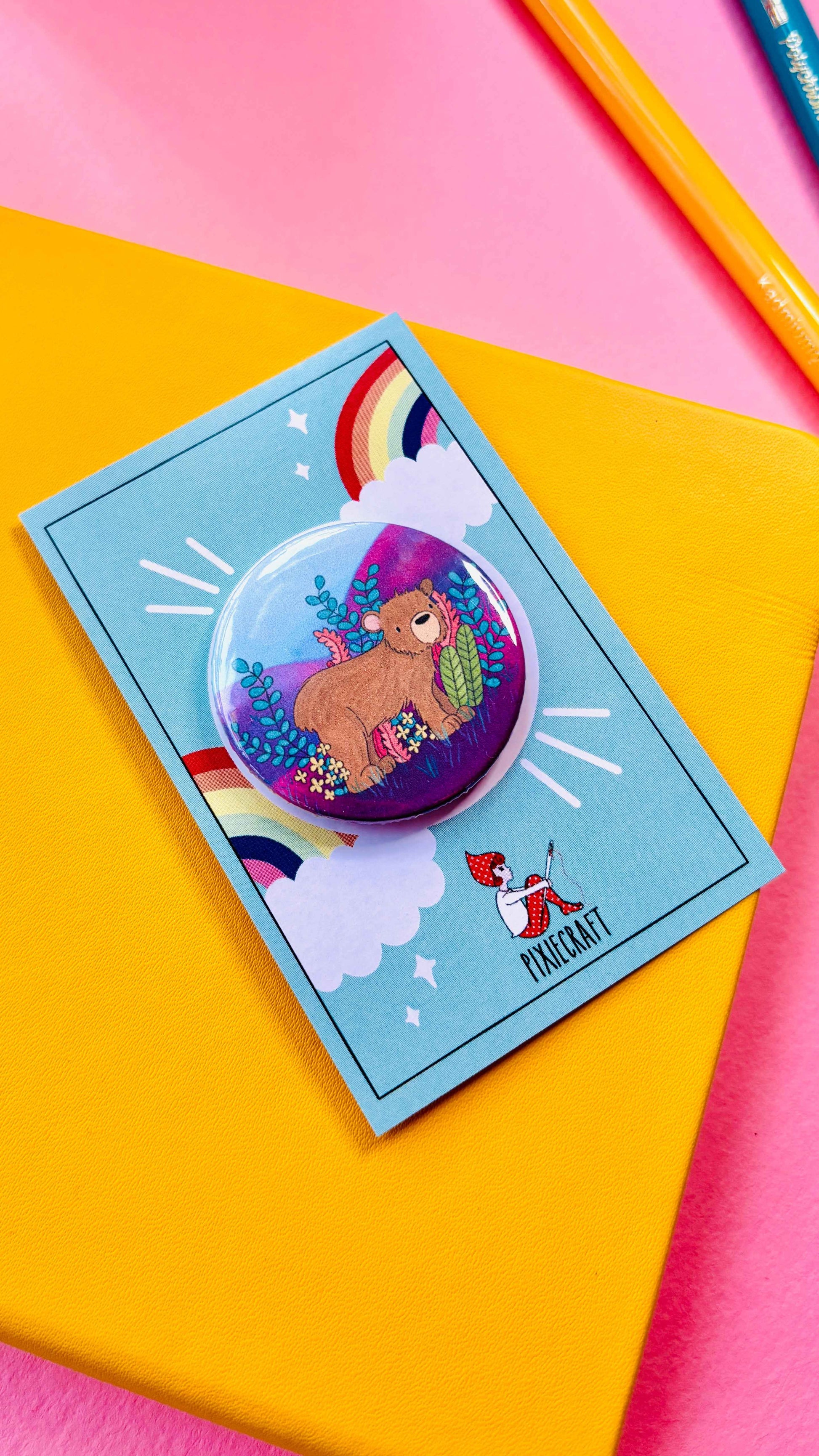 Brown Bear Illustrated Pin Badge or Magnet