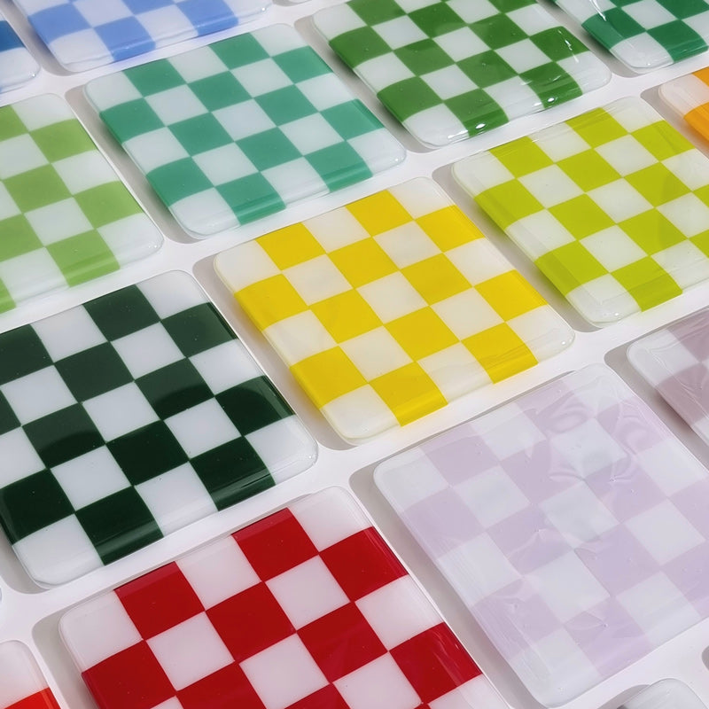10cm Chequered Soft White Fused Glass Coaster