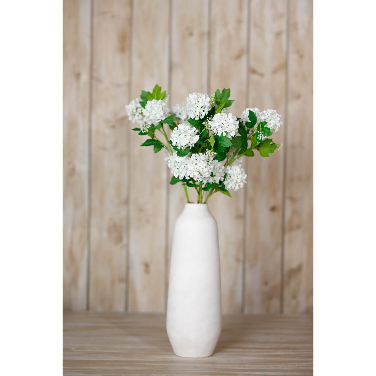 Cream white faux viburnum spray with realistic snowball blooms and green foliage, 30-inch artificial floral arrangement by Sostter at brixbailey.com