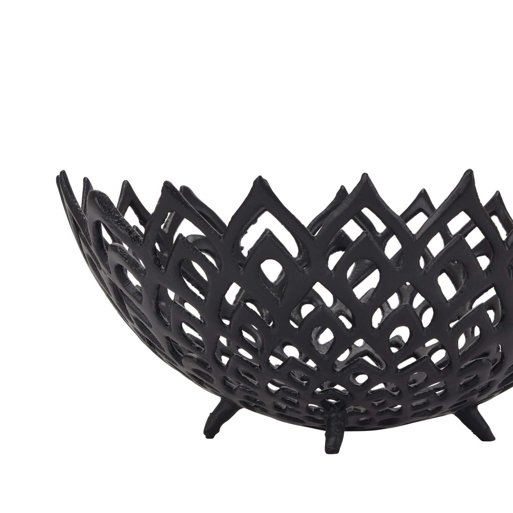 Black perforated steel lattice bowl casting intricate light patterns, modern matte home decor centerpiece by RoomLondon at brixbailey.com