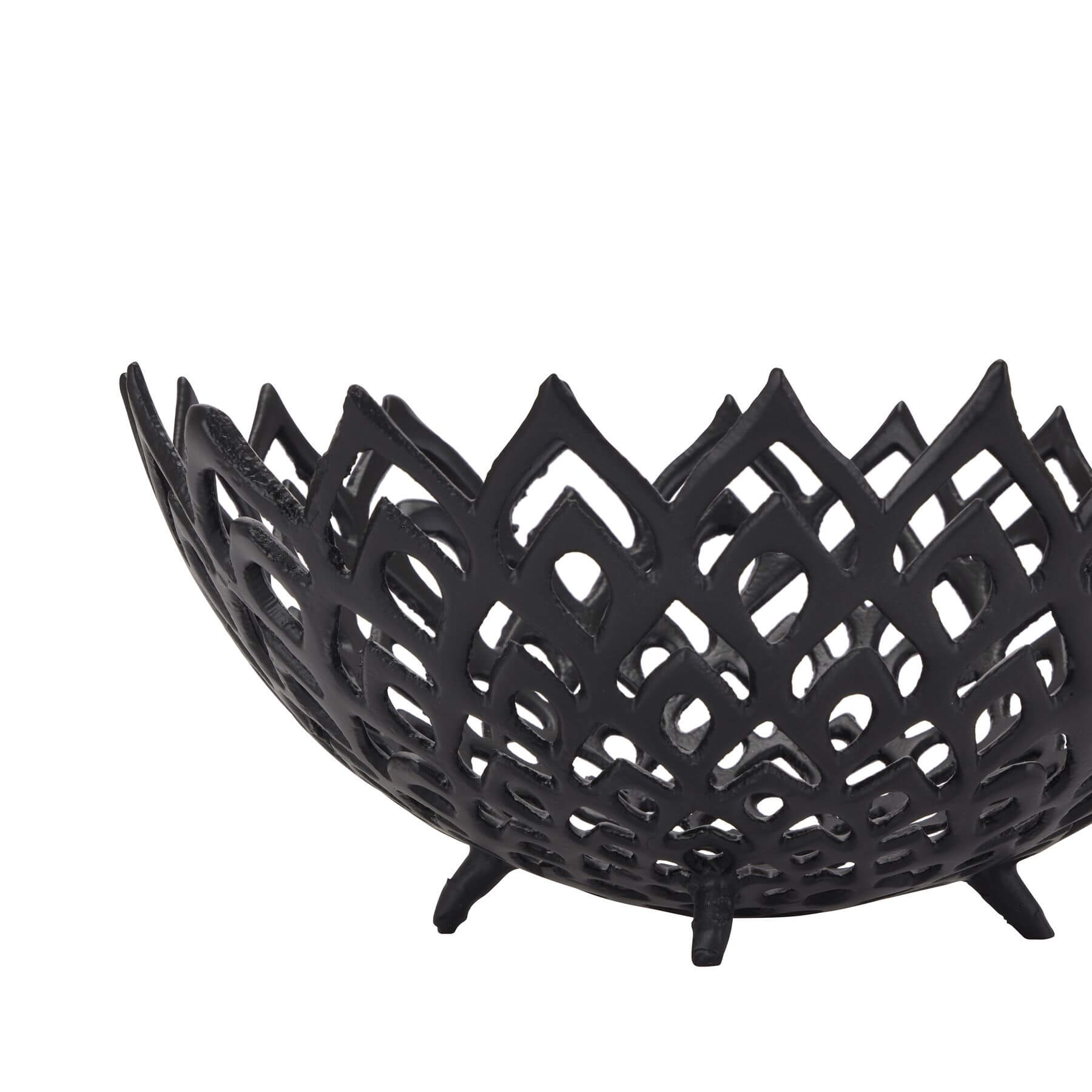 Black perforated steel lattice bowl casting intricate light patterns, modern matte home decor centerpiece by RoomLondon at brixbailey.com