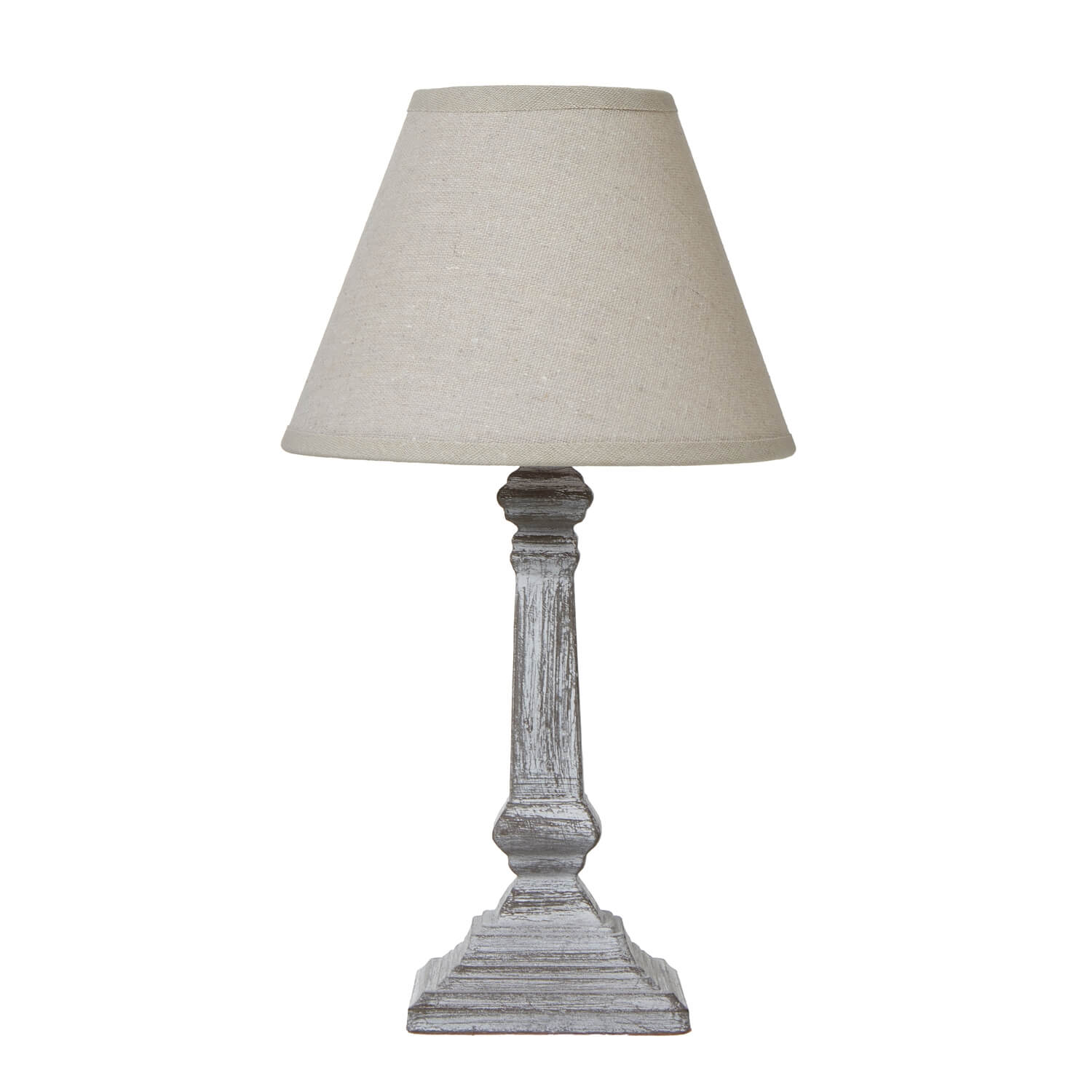 Distressed wood column table lamp with linen shade in elegant grey, perfect for farmhouse or modern decor  by Sostter at brixbailey.com