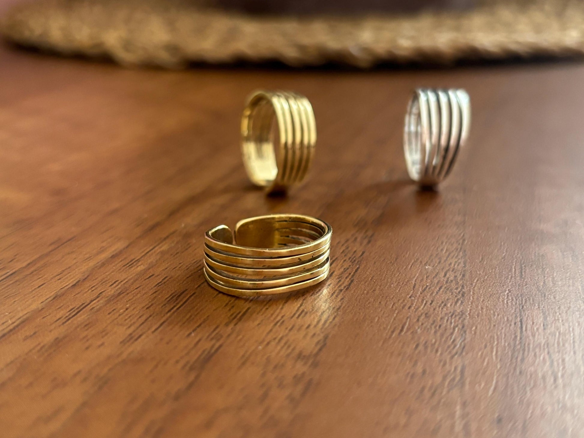 Textured Brass Wrap Ring Duo Gold Silver Adjustable Boho Statement Rings