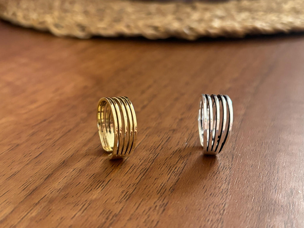 Textured Brass Wrap Ring Duo Gold Silver Adjustable Boho Statement Rings