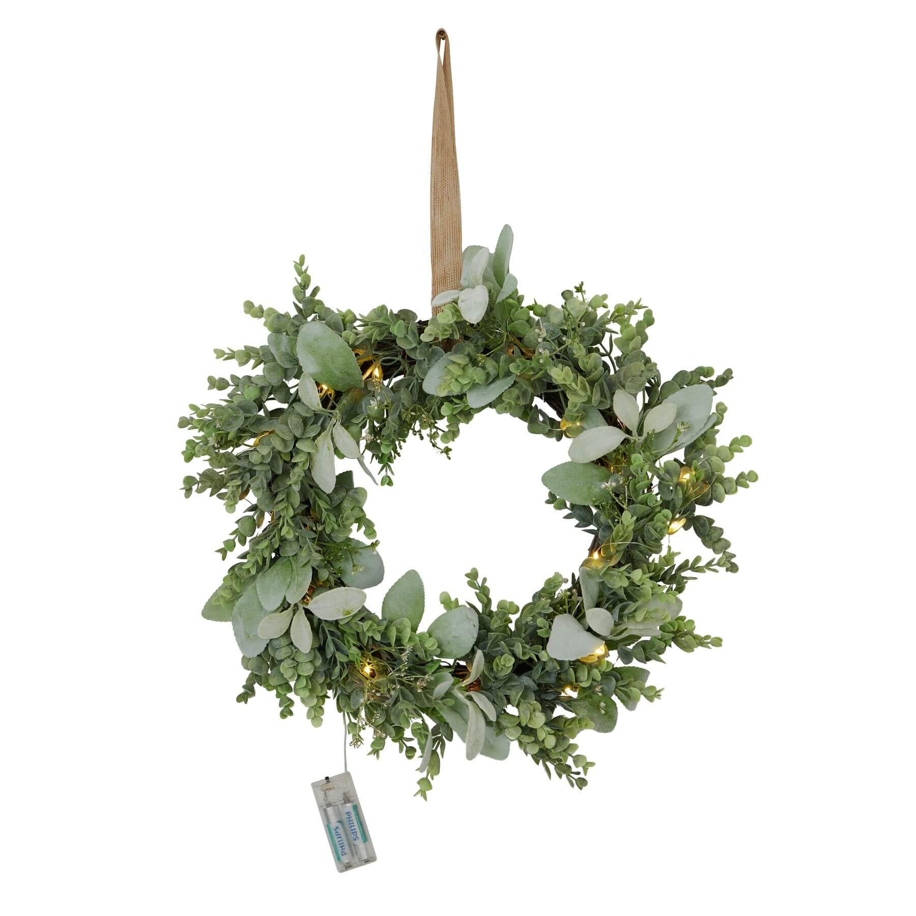 Handcrafted LED winter wreath with eucalyptus and lamb's ear foliage, glowing warm white lights, natural green and silver tones. by sostter at brixbailey.com