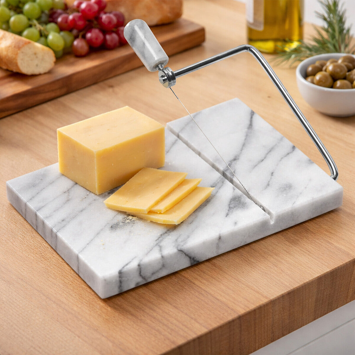 White Marble Cheese Board with Built-In Slicer